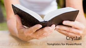  Presentation with reading bible - PPT theme featuring midsection of woman reading bible background and a coral colored foreground