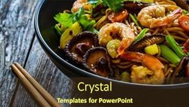  Presentation with celery - Theme having mie-noodles-with-fried-prawns background and a tawny brown colored foreground