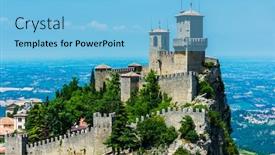  Presentation with tower - PPT theme having mighty guaita tower and fortress on mount titano above the republic of san marino background and a light blue colored foreground