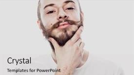  Presentation with thinking - Colorful presentation design enhanced with mighty men - being serious concentrated bearded man backdrop and a light gray colored foreground