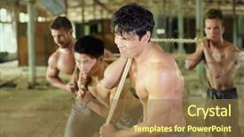  Presentation with four anchors - Slide set having mighty men - four young guys are dragging background and a coral colored foreground