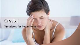  Presentation with head ache - Slide deck enhanced with migraine - beautiful brunette suffering from head background and a coral colored foreground