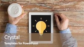  Presentation with inspiration - Audience pleasing slide set consisting of business education inspiration people and technology concept - close up of male hands with lighting bulb icon on tablet pc computer screen and coffee cup at table backdrop and a coral colored foreground