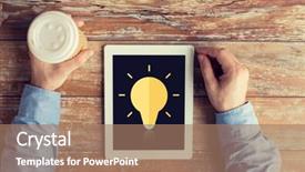  Presentation with inspiration - Slide set featuring business education inspiration people and technology concept - close up of male hands with lighting bulb icon on tablet pc computer screen and coffee cup at table background and a coral colored foreground