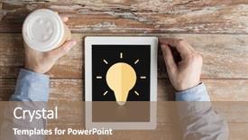  Presentation with inspiration - Theme enhanced with business education inspiration people and technology concept - close up of male hands with lighting bulb icon on tablet pc computer screen and coffee cup at table background and a coral colored foreground