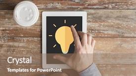  Presentation with inspiration - Presentation theme having business education inspiration people and technology concept - close up of male hands with lighting bulb icon on tablet pc computer screen and coffee cup at table background and a violet colored foreground