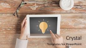  Presentation with inspiration - Slide deck with business education inspiration people and technology concept - close up of hands with lighting bulb icon on tablet pc computer screen and coffee cup at table background and a coral colored foreground