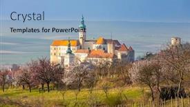  Presentation with czech republic - PPT theme having mikulov-castle-with-blooming-trees background and a light blue colored foreground