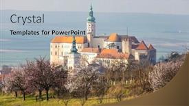  Presentation with czech republic - Amazing PPT theme having mikulov-castle-with-blooming-trees backdrop and a light blue colored foreground