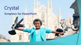  Presentation with medical evaluation of 5 years old boy - Theme with milanese street with ancient church background and a sky blue colored foreground