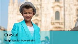  Presentation with old young - Colorful PPT layouts enhanced with milanese street with ancient church backdrop and a cyan colored foreground