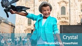  Presentation with old young - Colorful slide deck enhanced with milanese street with ancient church backdrop and a teal colored foreground