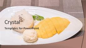  Presentation with sticky rice mango thai dessert - PPT theme having mild green - mango sticky rice with ice background and a lemonade colored foreground
