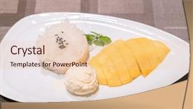  Presentation with sticky rice mango thai dessert - Colorful presentation design enhanced with mild green - mango sticky rice with ice backdrop and a lemonade colored foreground