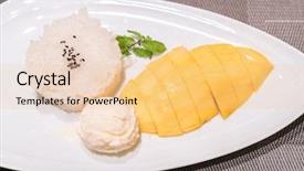  Presentation with sticky rice mango thai dessert - Slide deck with mild green - mango sticky rice with ice background and a lemonade colored foreground