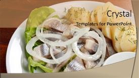  Presentation with mayonnaise - Colorful theme enhanced with mild green - matjes with potatoes and mayonnaise backdrop and a  colored foreground