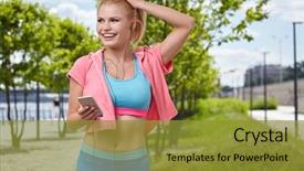  Presentation with listening woman - Cool new slide deck with mileage - fitness and lifestyle concept backdrop and a gold colored foreground