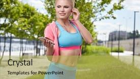  Presentation with listening woman - Beautiful slides featuring mileage - fitness and lifestyle concept backdrop and a yellow colored foreground