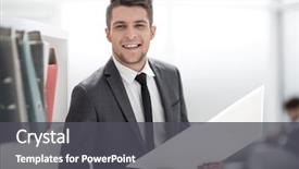  Presentation with camera - Audience pleasing presentation theme consisting of miles - miling happy businessman looking backdrop and a dark gray colored foreground