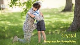  Presentation with army - Audience pleasing PPT layouts consisting of military - army soldier embracing boy backdrop and a tawny brown colored foreground