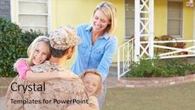  Presentation with military family - PPT theme featuring military - family welcoming husband home background and a coral colored foreground