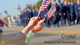  Presentation with military - Audience pleasing PPT theme consisting of military - flags at veteran's day parade backdrop and a coral colored foreground