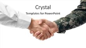  Presentation with shaking hands - Amazing PPT theme having military - soldier and civilian shaking hands backdrop and a white colored foreground