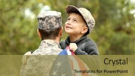  Presentation with family day - Presentation theme featuring military - soldier reunited with his family background and a gold colored foreground