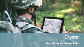  Presentation with tablet - PPT layouts having military - soldier using map on tablet background and a seafoam green colored foreground