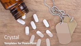  Presentation with pill bottle - Beautiful presentation theme featuring military-and-veterans-health-care backdrop and a coral colored foreground