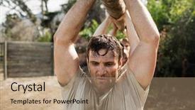  Presentation with boot camp - Slide set having military boots - soldiers carrying a tree log background and a coral colored foreground