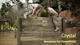  Presentation with boot camp - Beautiful slide set featuring military boots - soldiers climbing wooden wall backdrop and a  colored foreground
