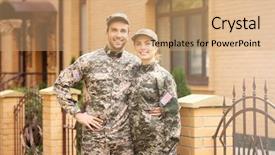  Presentation with military - Cool new PPT theme with military couple reunited backdrop and a coral colored foreground