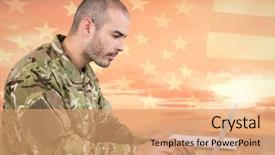  Presentation with military - Cool new slide deck with military electronics - soldier using a laptop backdrop and a coral colored foreground