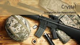  Presentation with tactics - Theme consisting of military equipment on wooden background background and a coral colored foreground