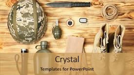  Presentation with military equipment - Slides with military equipment on wooden background background and a yellow colored foreground