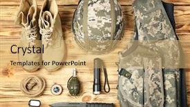  Presentation with military equipment - Audience pleasing theme consisting of military equipment on wooden background backdrop and a yellow colored foreground