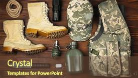  Presentation with military equipment - Slide deck enhanced with military equipment on wooden background background and a tawny brown colored foreground