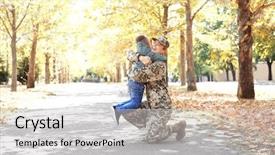  Presentation with military family - PPT layouts featuring military family - mother soldier and little kid background and a light gray colored foreground