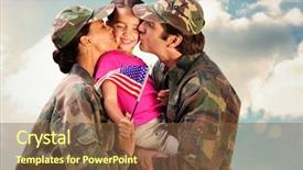  Presentation with military family - Presentation design featuring military family - soliders reunited with children background and a tawny brown colored foreground