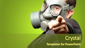  Presentation with military green - Theme having military formal - businessman pointing with gas mask background and a tawny brown colored foreground