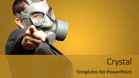  Presentation with nuclear weapons and gas mask - PPT layouts enhanced with military formal - businessman pointing with gas mask background and a gold colored foreground
