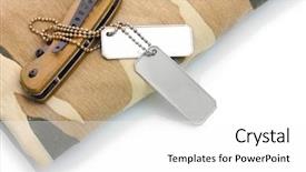  Presentation with army - Beautiful PPT theme featuring military hospital - army badges knife and camouflage backdrop and a  colored foreground