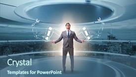  Presentation with robotic - PPT theme featuring military intelligence - businessman man with robotic arms background and a ocean colored foreground