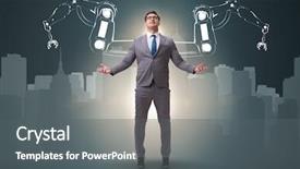  Presentation with robotic - Presentation theme consisting of military intelligence - businessman man with robotic arms background and a gray colored foreground