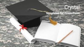  Presentation with diploma - Audience pleasing theme consisting of military intelligence - graduation hat diploma and book backdrop and a gray colored foreground
