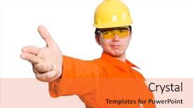  Presentation with orange peel isolated - Colorful presentation theme enhanced with military maintenance - man in orange coveralls isolated backdrop and a red colored foreground