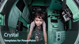  Presentation with tank - Slide deck consisting of military planning - excited young boy sitting background and a  colored foreground