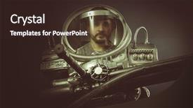  Presentation with military robot - Amazing slide deck having military robot - craft spaceman with plasma gun backdrop and a wine colored foreground