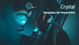  Presentation with laser beam - Presentation theme having military robot - soldier space man with metal background and a tawny brown colored foreground